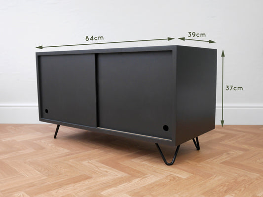 Mid Century TV Cabinet: Black Industrial Vinyl Storage with Hairpin Legs