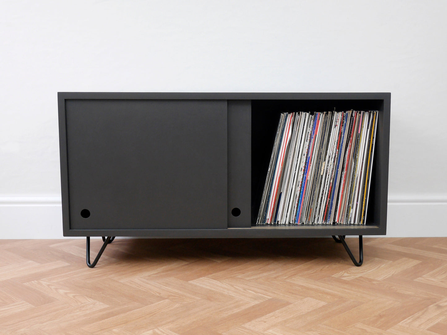 Mid Century TV Cabinet: Black Industrial Vinyl Storage with Hairpin Legs