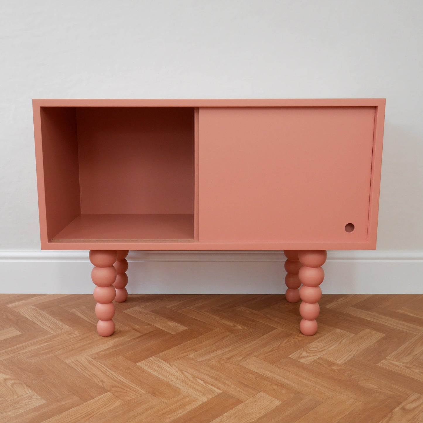 Handmade Coral Red Cabinet with Bobbin Legs