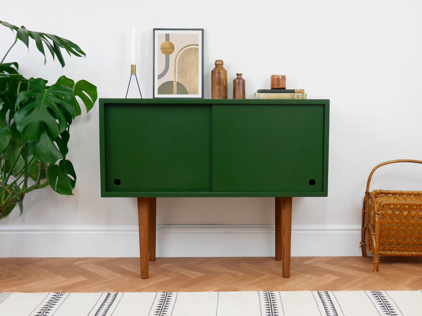 Mid Century Style Sliding Door Record Cabinet in Dark Green