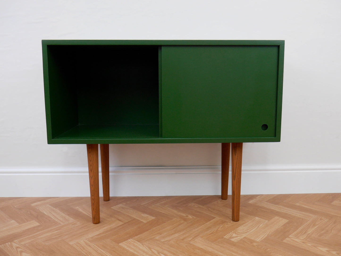 Mid Century Style Sliding Door Record Cabinet in Dark Green