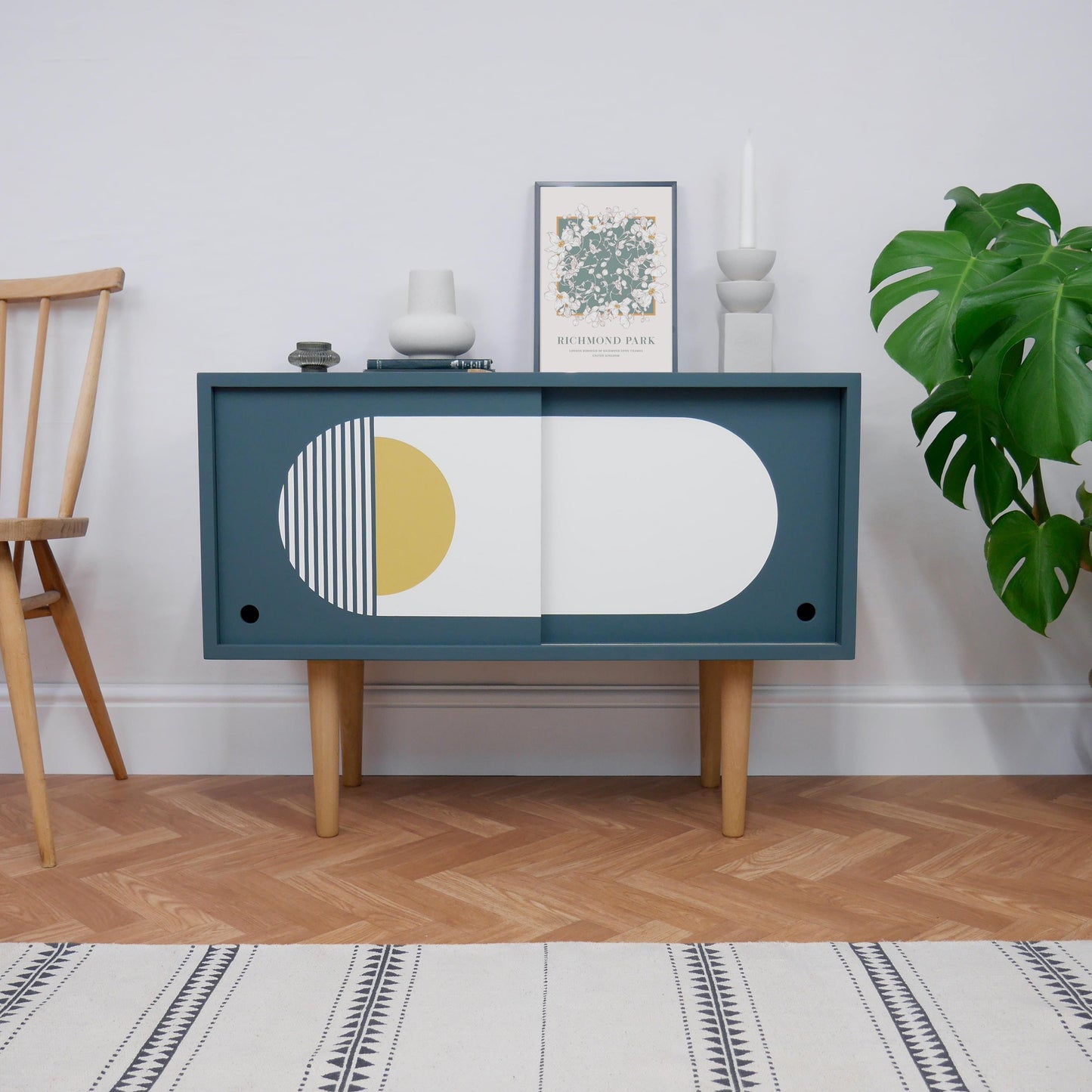 Mid Century Style Record Cupboard Teal Blue with Geometric Design