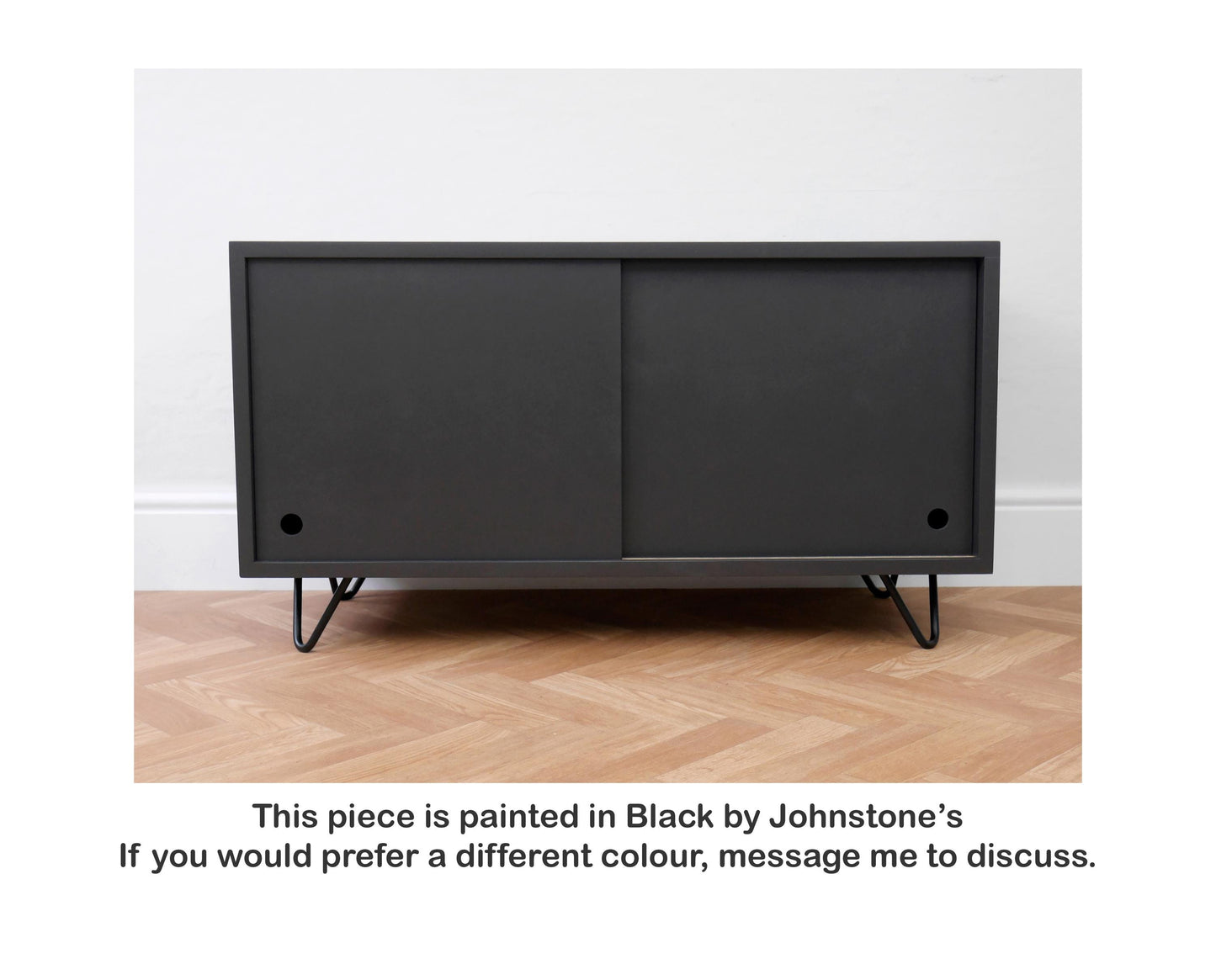 Mid Century TV Cabinet: Black Industrial Vinyl Storage with Hairpin Legs