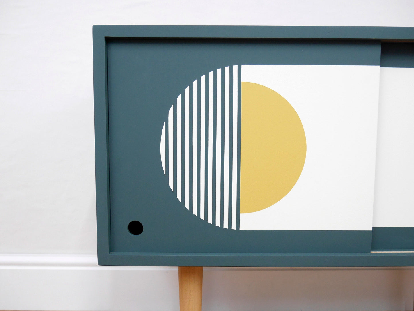 Mid Century Style Record Cupboard Teal Blue with Geometric Design