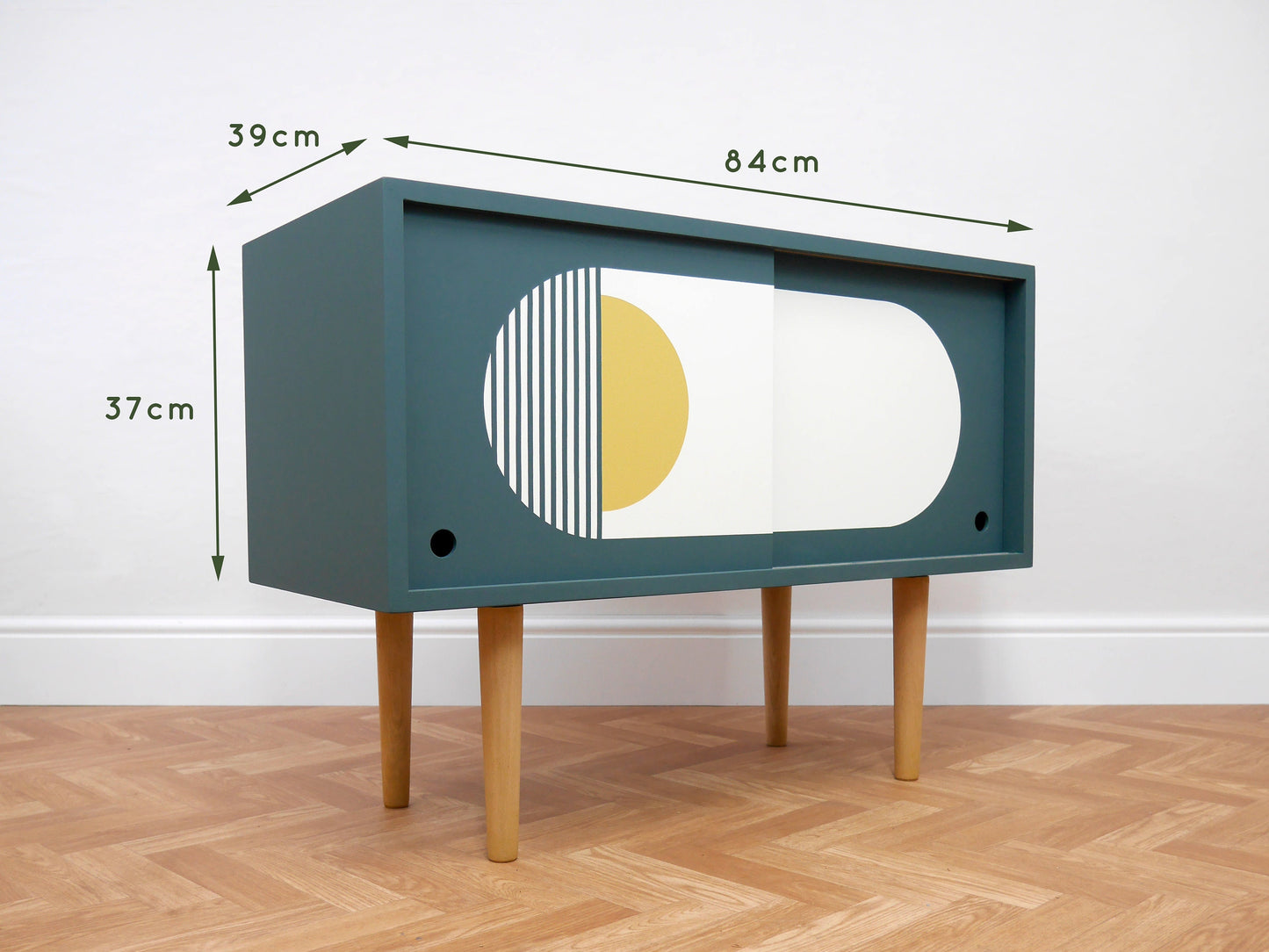 Mid Century Style Record Cupboard Teal Blue with Geometric Design