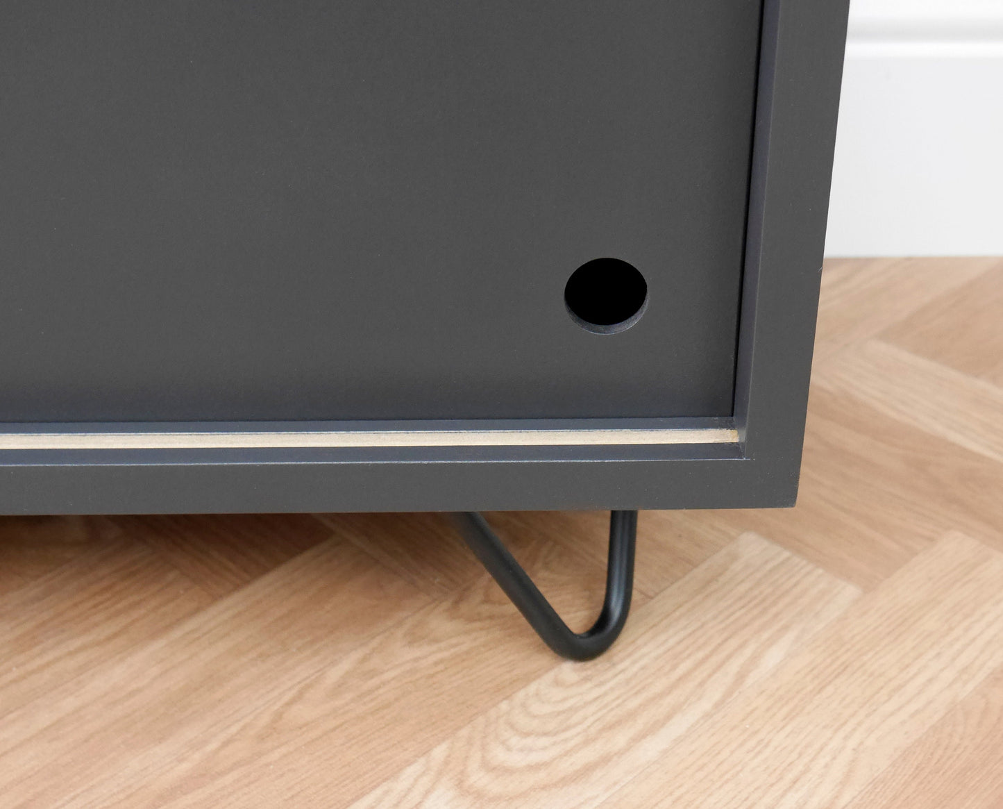 Mid Century TV Cabinet: Black Industrial Vinyl Storage with Hairpin Legs