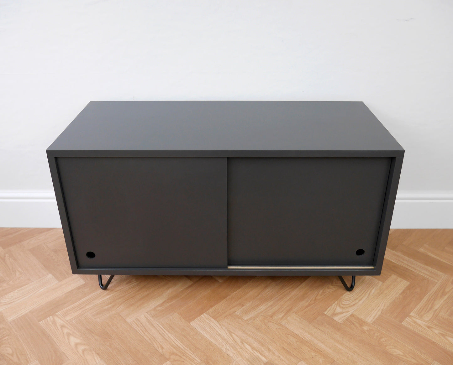 Mid Century TV Cabinet: Black Industrial Vinyl Storage with Hairpin Legs