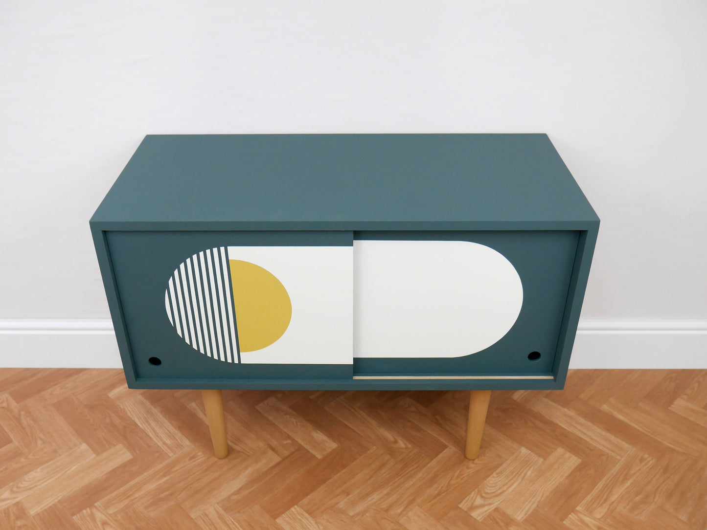 Mid Century Style Record Cupboard Teal Blue with Geometric Design