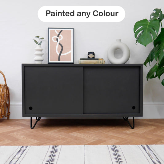 Mid Century TV Cabinet: Black Industrial Vinyl Storage with Hairpin Legs